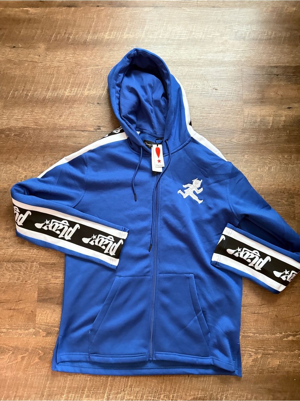 PLAY CLOTHS Royal Blue Zip Up Hoodie White Running Man Logo Y2K streetwear NWT L